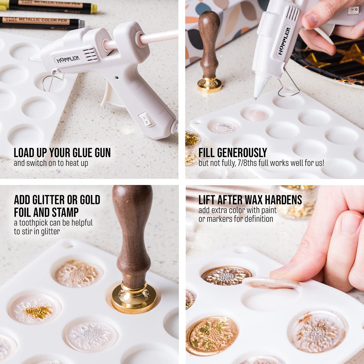 Hoppler Premium Wax Seal Kit with Seal Gun, Wax Sticks, a Flower Stamp, 12 Cavity Silicone Mold, and Extra Additions to Make Seals Stand Out and Make Invitations in Bulk.