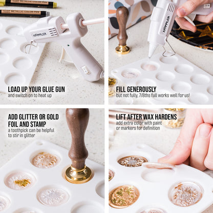 Hoppler Premium Wax Seal Kit with Seal Gun, Wax Sticks, a Flower Stamp, 12 Cavity Silicone Mold, and Extra Additions to Make Seals Stand Out and Make Invitations in Bulk.