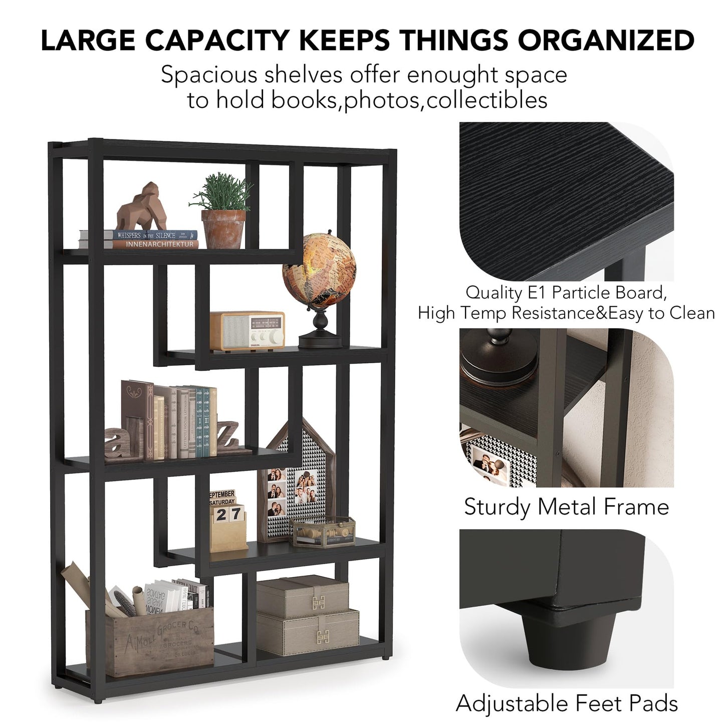 Tribesigns Way to Origin 6-Shelf Modern Bookshelf Set of 2, Industrial Etagere Bookcase, 69-Inch Tall Storage Display Staggered Shelves with Sturdy Metal Frame, Black
