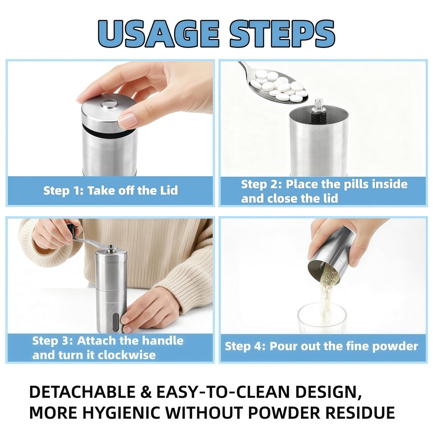 Pill Crusher Stainless Steel with Ceramic Burr for Fine Powder Grinding | Adjustable Manual Grinder for Elderly Care, Feeding Tube & Pet Pills