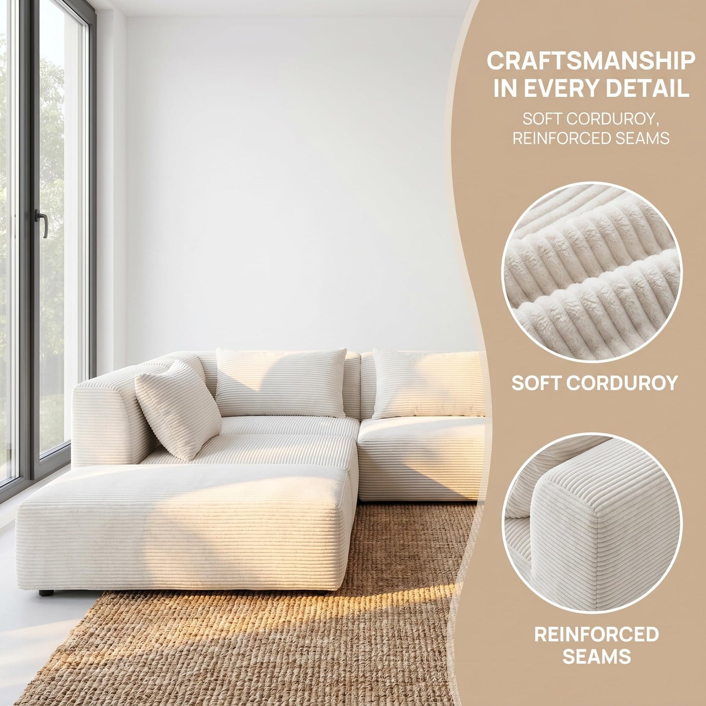 Trygoal 100" Sectional Boneless Couches Set for Living Room, Movable L Shaped Upholstered Modular Couch with 5 Pillows, DIY Combination Cloud Sofa for Apartment & Bedroom, White