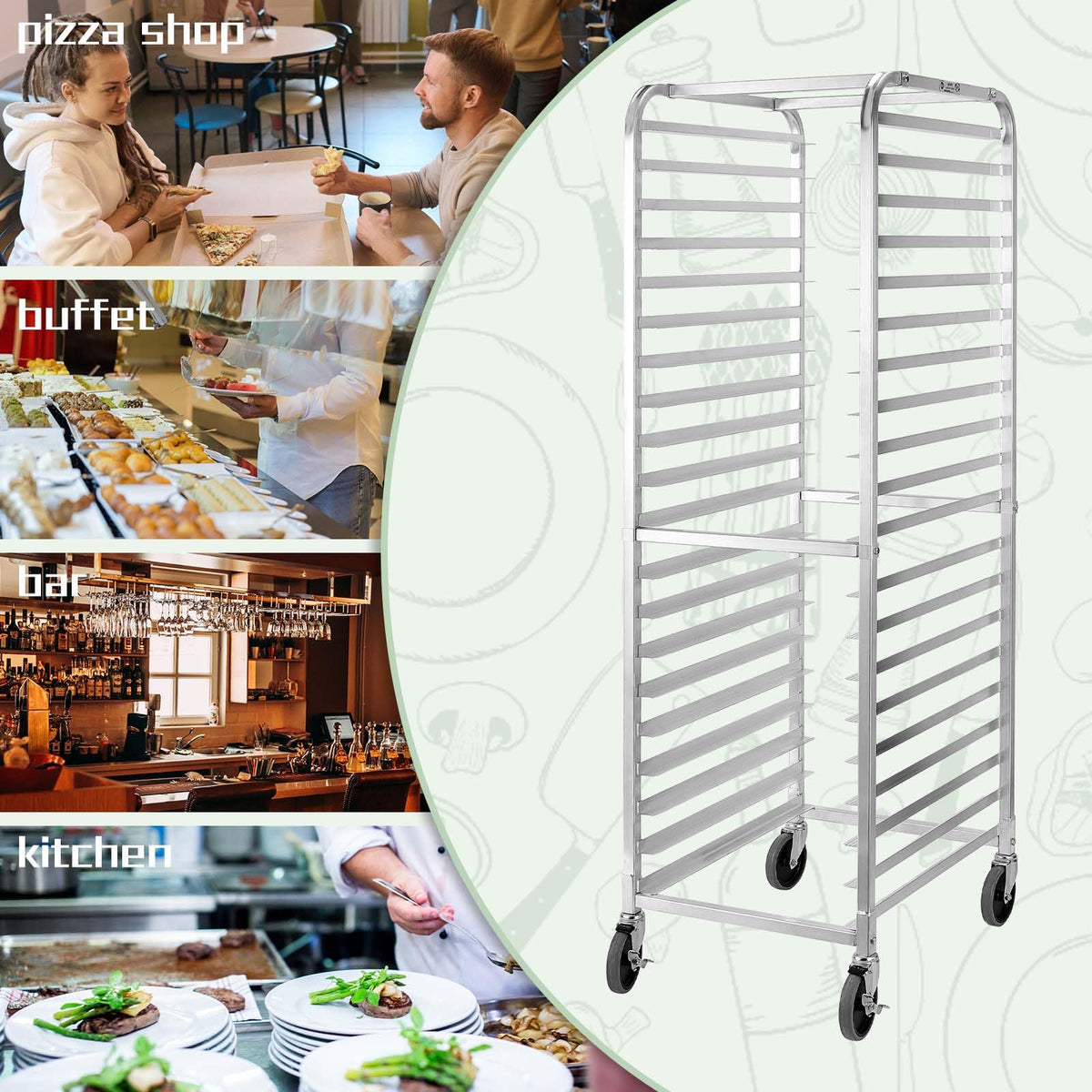 HALLY SINKS & TABLES H Bun Pan Rack 20 Tier with Wheels, Commercial Bakery Racking of Aluminum for Full & Half Sheet - Kitchen, Restaurant, Cafeteria, Pizzeria, Hotel and Home, 26" L x 20" W x 69" H