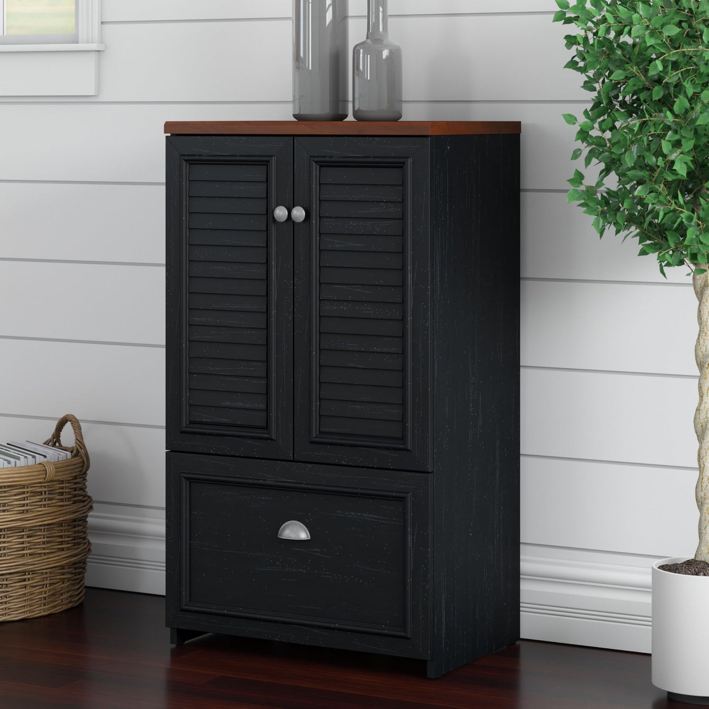 Bush Home Fairview 2 Door Storage Cabinet with File Drawer in Antique Black and Hansen Cherry