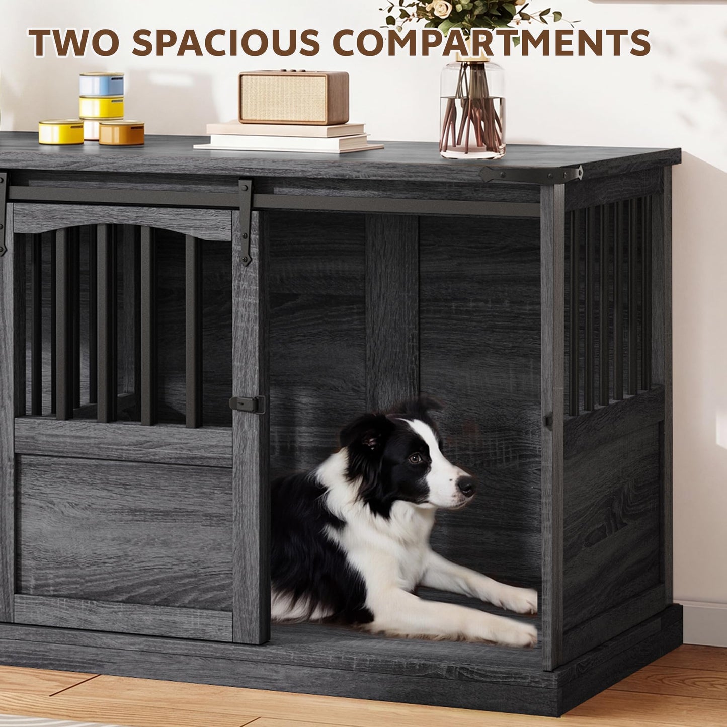 Homiflex 72" Double Dog Crate Furniture for 2 Medium Large Dogs Wooden Heavy Duty Dog Kennel Furniture with 2 Sliding Doors and Divider Decorative Dog Cage TV Stand End Table for Indoor, Grey