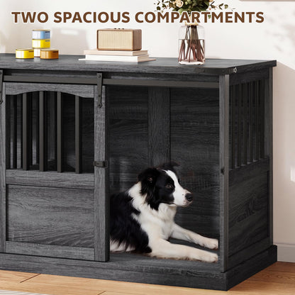 Homiflex 72" Double Dog Crate Furniture for 2 Medium Large Dogs Wooden Heavy Duty Dog Kennel Furniture with 2 Sliding Doors and Divider Decorative Dog Cage TV Stand End Table for Indoor, Grey