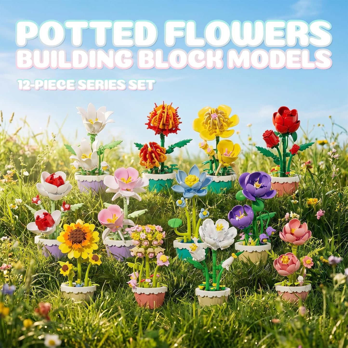 FNSJFYZS 12 Pack Flower Building Blocks, Botanicals Collection Artificial Flowers with Pots, DIY Craft Kit for Home Office Desk Decor, Unique Birthday Gifts for Adults