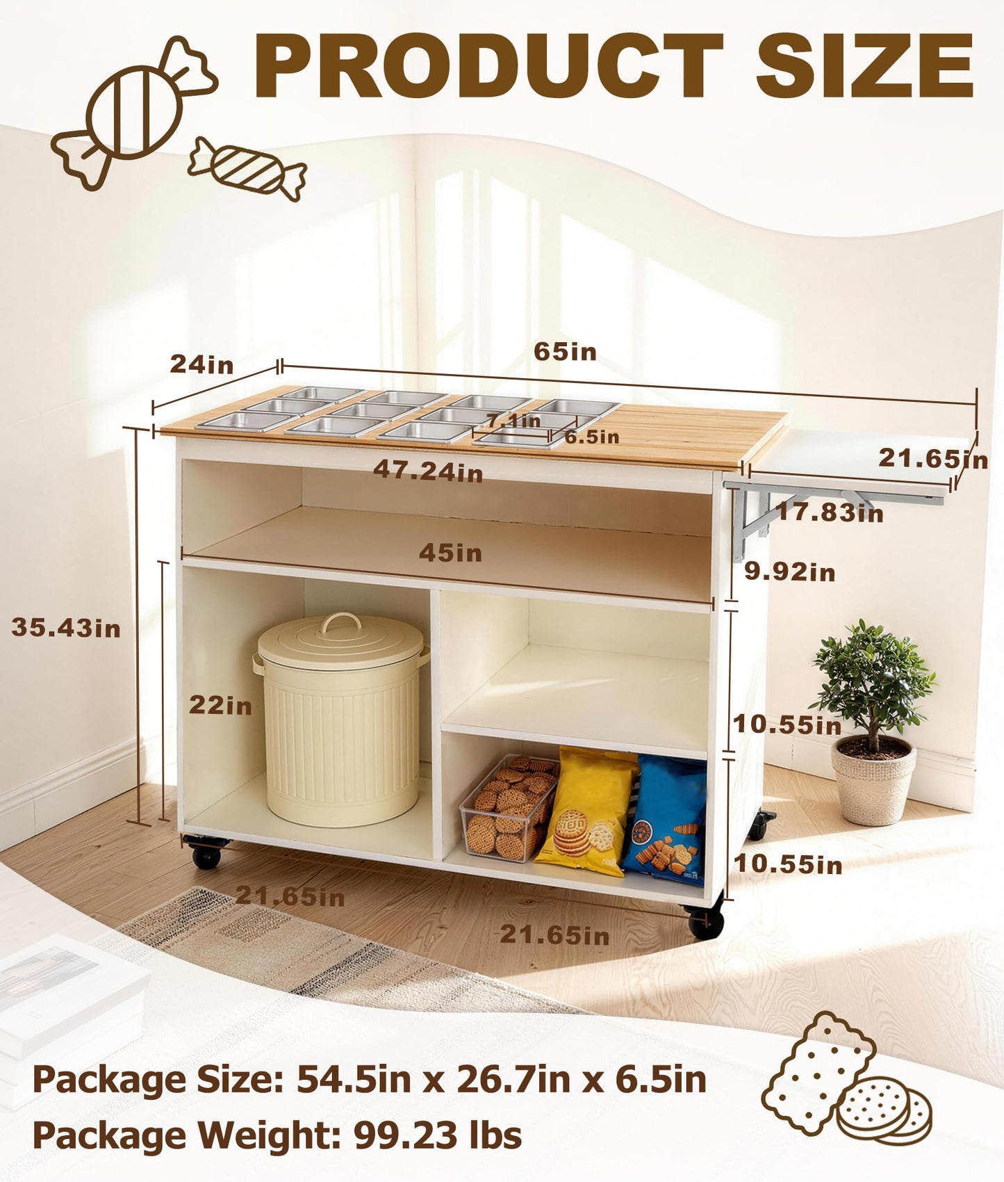 Charcuterie Cart with 12 Stainless Steel Food Pans & Large Storage Space, Mobile Wooden Buffet Cart with Foldable Prep Surface, Pizza Topping & Salad Bar Station, Kitchen Island Includes for Party