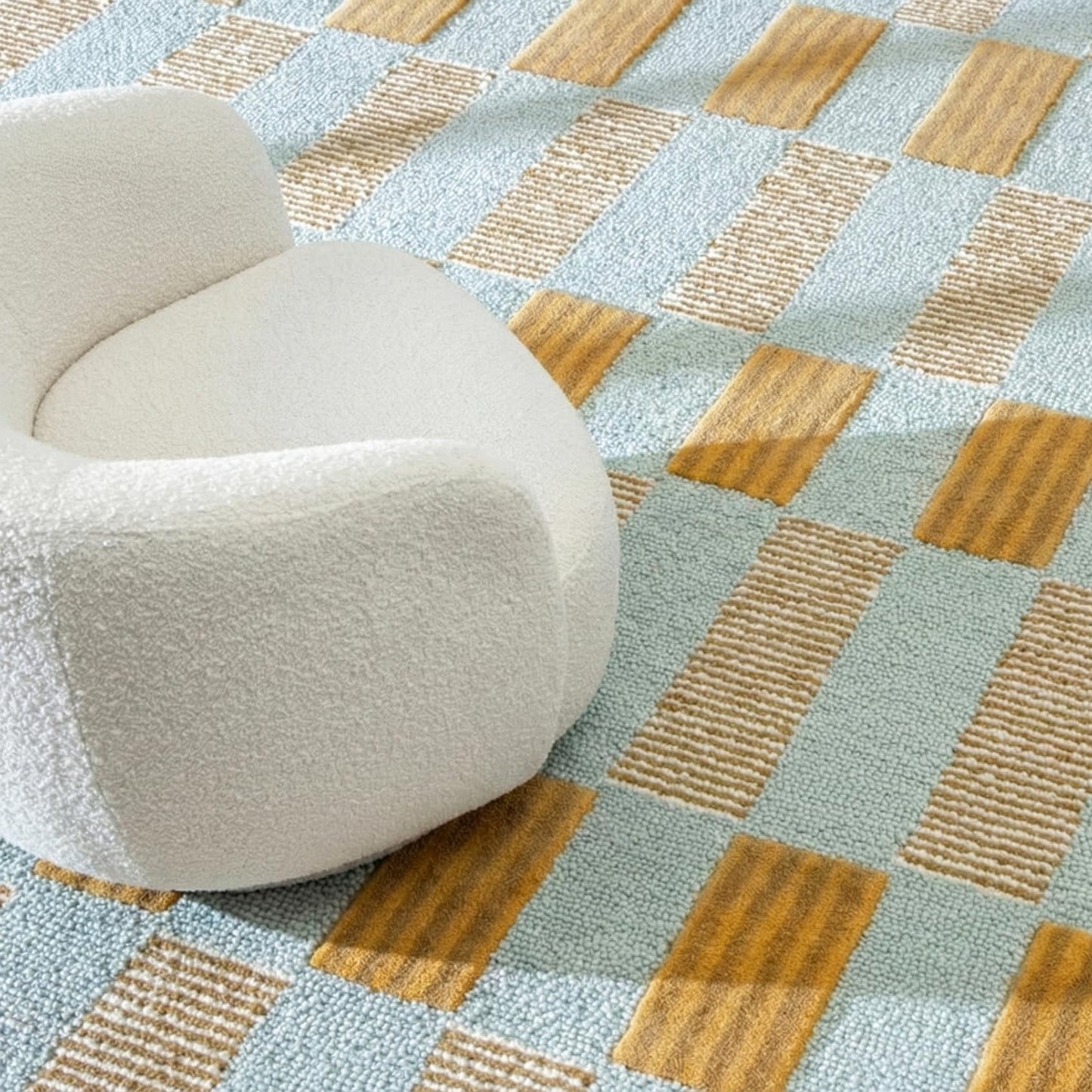 RUGWYN Hand-Tufted Scalloped Wool Area Rug, Modern Plaid Checkered Pattern, Soft & Durable Cozy Accent Rug for Living Room, Bedroom & Nursery, Handmade Decorative Floor Carpet (Light Blue, 8' x 10')
