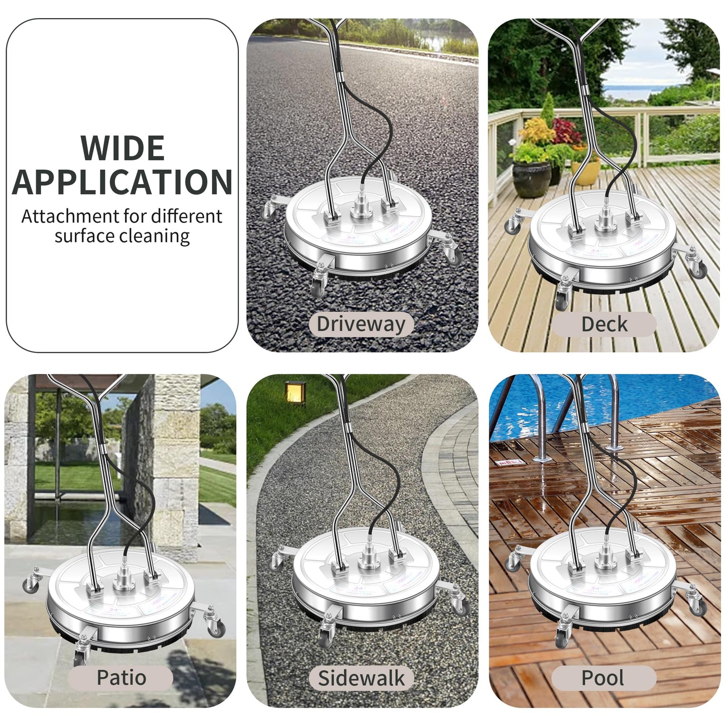 24" Pressure Washer Surface Cleaner with 4 Wheels - Stainless Steel Dual Handle Surface Cleaner for Pressure Washer Attachment for Concrete, Patio, Sidewalk, Deck and Driveways - PWS 24