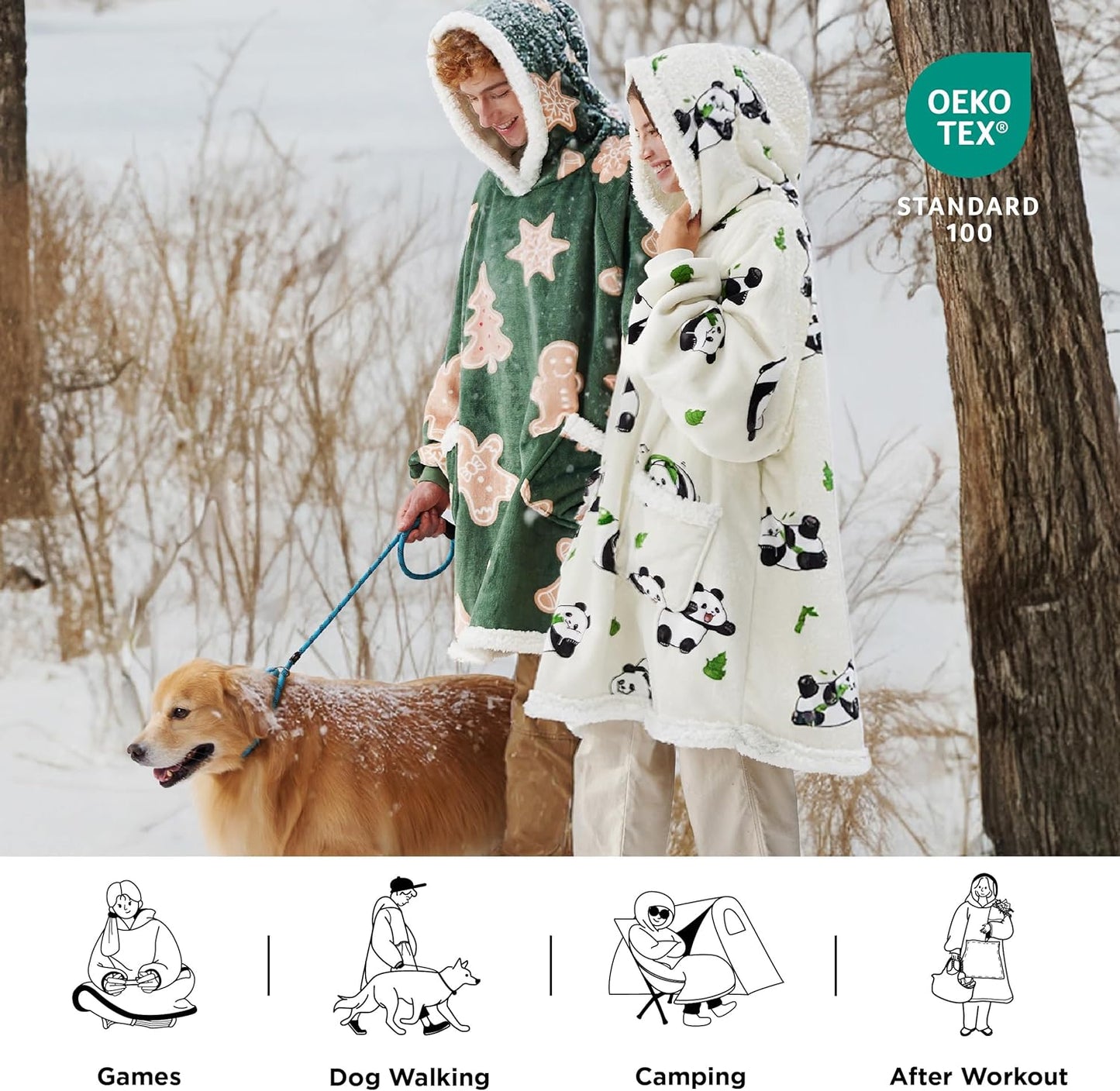 Bedsure Wearable Blanket Hoodie - Cozy Sherpa Hooded Blanket for Adults & Kids | Gingerbread & Olive Green