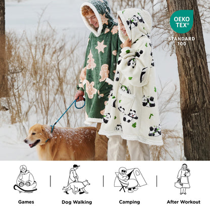 Bedsure Wearable Blanket Hoodie, Sherpa Hooded Blanket Printed for Adult & Kids as Gifts for Women, Mom Gifts Sherpa Hoodie, Standard, Gingerbread, Olive Green