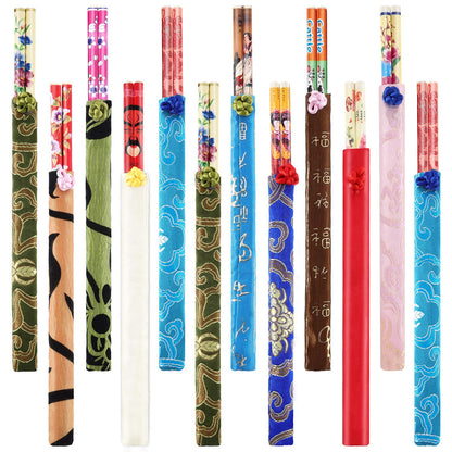 Hotop 20 Pairs Chinese Bamboo Chopsticks Reusable with Elegant Silk Brocade Pouch Multicolored Nonslip Chopstick Gift Set for Asian Dishes Sushi Rice Noodles Chinese