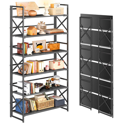 4NM Extra Wide 6 Tiers No Assembly Book Shelves, 61.8" H Folding Bookshelf Bookcase Open Industrial Foldable Shelves for Bedroom, Living Room, Home Office - All Black