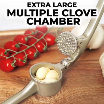 Zulay Kitchen Large Premium Garlic Press Set - Bigger Bowl for Bigger Garlic - Rust Proof Garlic Mincer Tool - Easy-Squeeze, Easy-Clean Silicone Garlic Peeler & Brush (Silver)