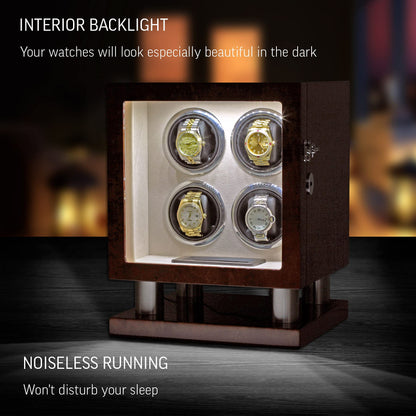 Watch Winder for 4 Watches with LED Backlight, LCD Display and Motor-Stop Option (Dark Burl)
