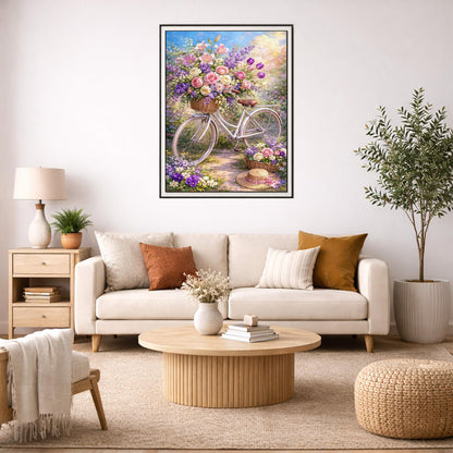 IOHEFY Flower Bicycle Diamond Painting 12 x 16 Inch Full Drill Acrylic Diamond Art Floral Garden Bike Basket Crystal Rhinestone Spring Flower Nano Pearlescent Canvas