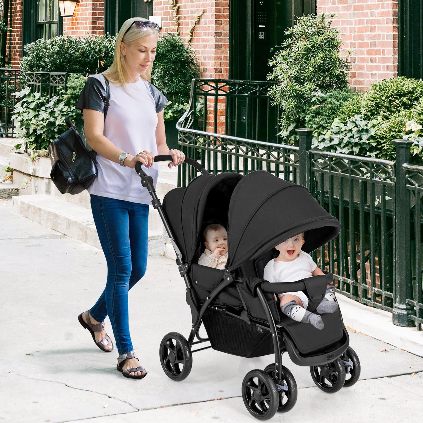 GLACER Foldable Twin Stroller, Double Baby Stroller w/Multi-Level Backrest, Canopy, Handle & Footrest, Safety Belt & Brake System, Travel Tandem Seating Stroller w/Lockable Wheels (Black)