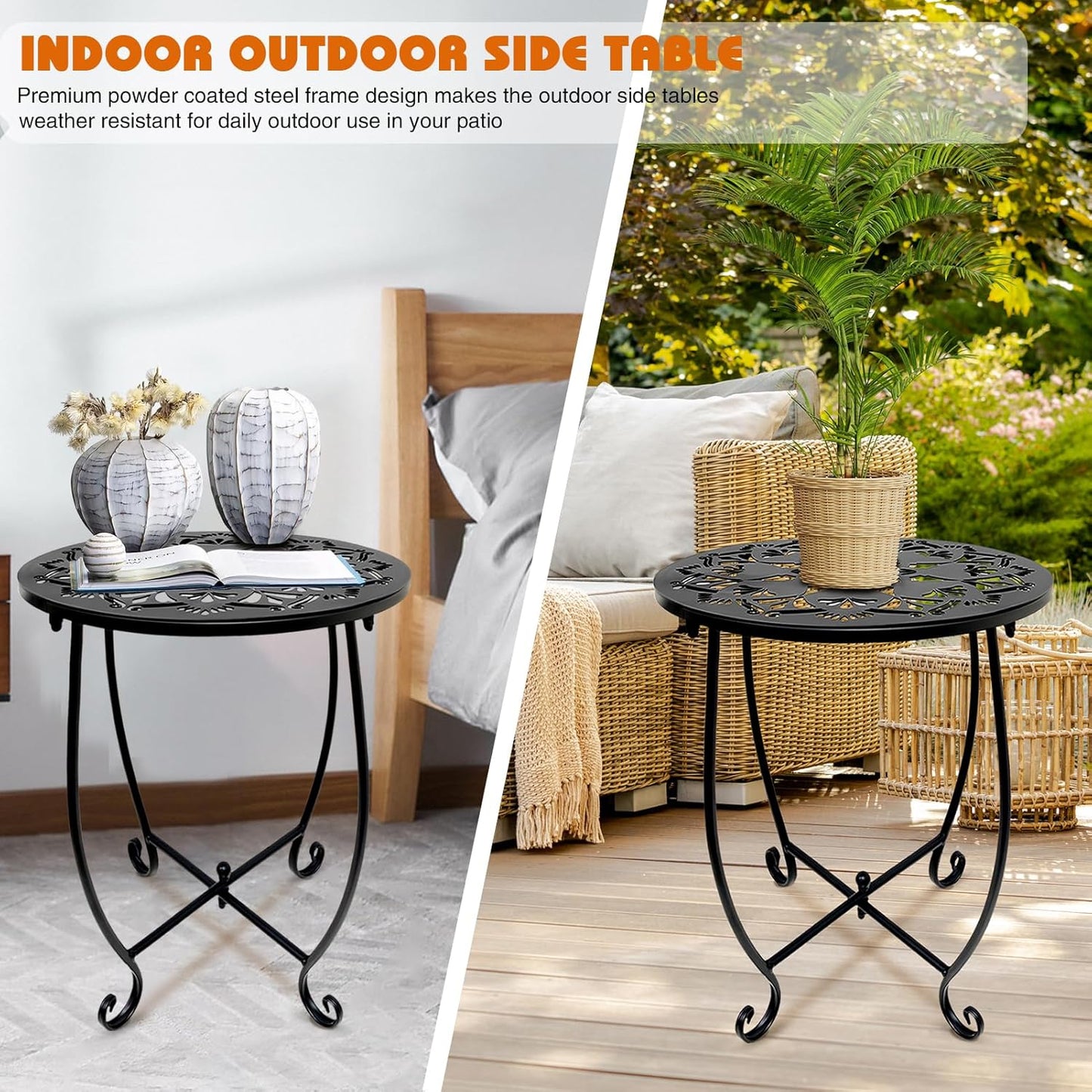 Fashion&cool 14 Inch Patio Side Tables, Weather Resistant Metal Outdoor Side Table for Halloween, Round End Table Side