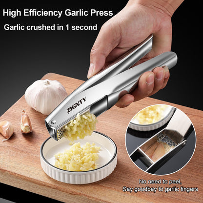 ZIGNTY Garlic Press Stainless Steel，Premium Garlic Mincer Tool，No Need to Peel Garlic Ginger Crusher & Masher Easy Squeeze Large Trough Ergonomic Handle，Rust Proof，Dishwasher Safe (5 Years Warranty)