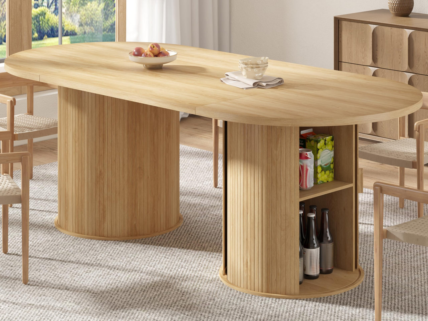 AMERLIFE 86.6" Modern Oval Dining Table with Hidden Storage, Extra Long Wooden Dining Room Table with Cylindrical Fluted Base, Seats 6–8, Natural Wood