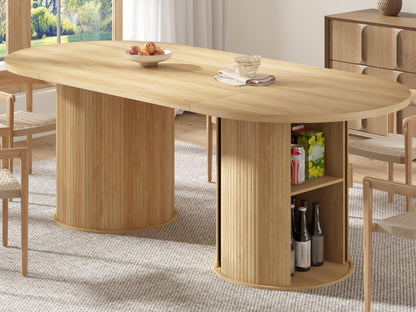 AMERLIFE 86.6" Modern Oval Dining Table with Hidden Storage, Extra Long Wooden Dining Room Table with Cylindrical Fluted Base, Seats 6–8, Natural Wood