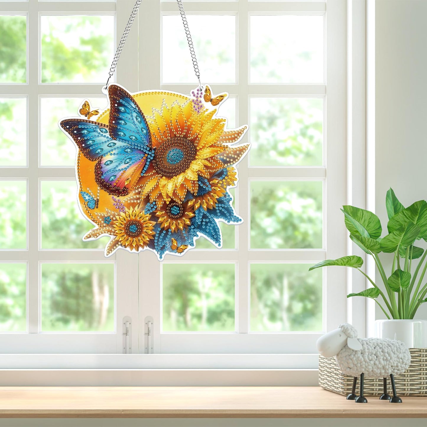 Bowetile Hanging Diamond Art Butterfly Kits for Adults, 5D Special Shape Diamond Painting Sunflower Kits, Diamond Gem Art Suncatchers Painting Pendant Ornament for Home Garden Wall Decor
