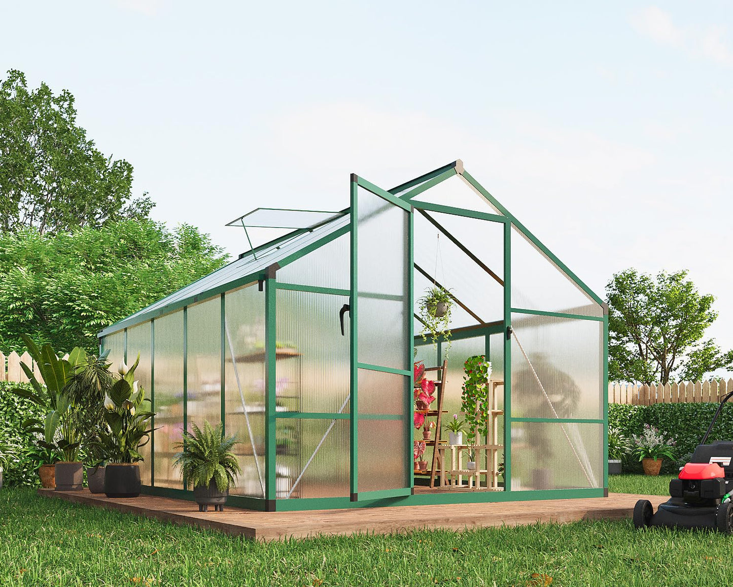 8x10 FT Greenhouse for Outdoors, Polycarbonate Greenhouse with Roof Vent, Ground Nails, Lockable Push Door, Aluminum Large Walk-in Green House for Outside Garden Backyard, Patio, Lawn, Green