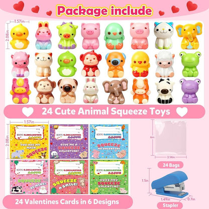 Valentines Day Cards for Kids School, 24 Pack Valentines Day Gifts for Kids, Valentines Cards with Animal Squishy Toys, Valentines Party Favors, Classroom Exchange Prizes for Boys Girls (Style 2)