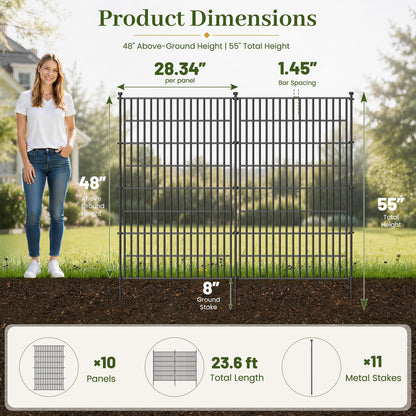 10 Panels No Dig Decorative Outdoor Garden Fence with Gate for Yard, 48 in(H) X 23.6ft(L) Animal Barrier Fencing Rustproof Metal Wire Panel Border for Dog, Rabbits, and Patio Temporary Ground Stakes