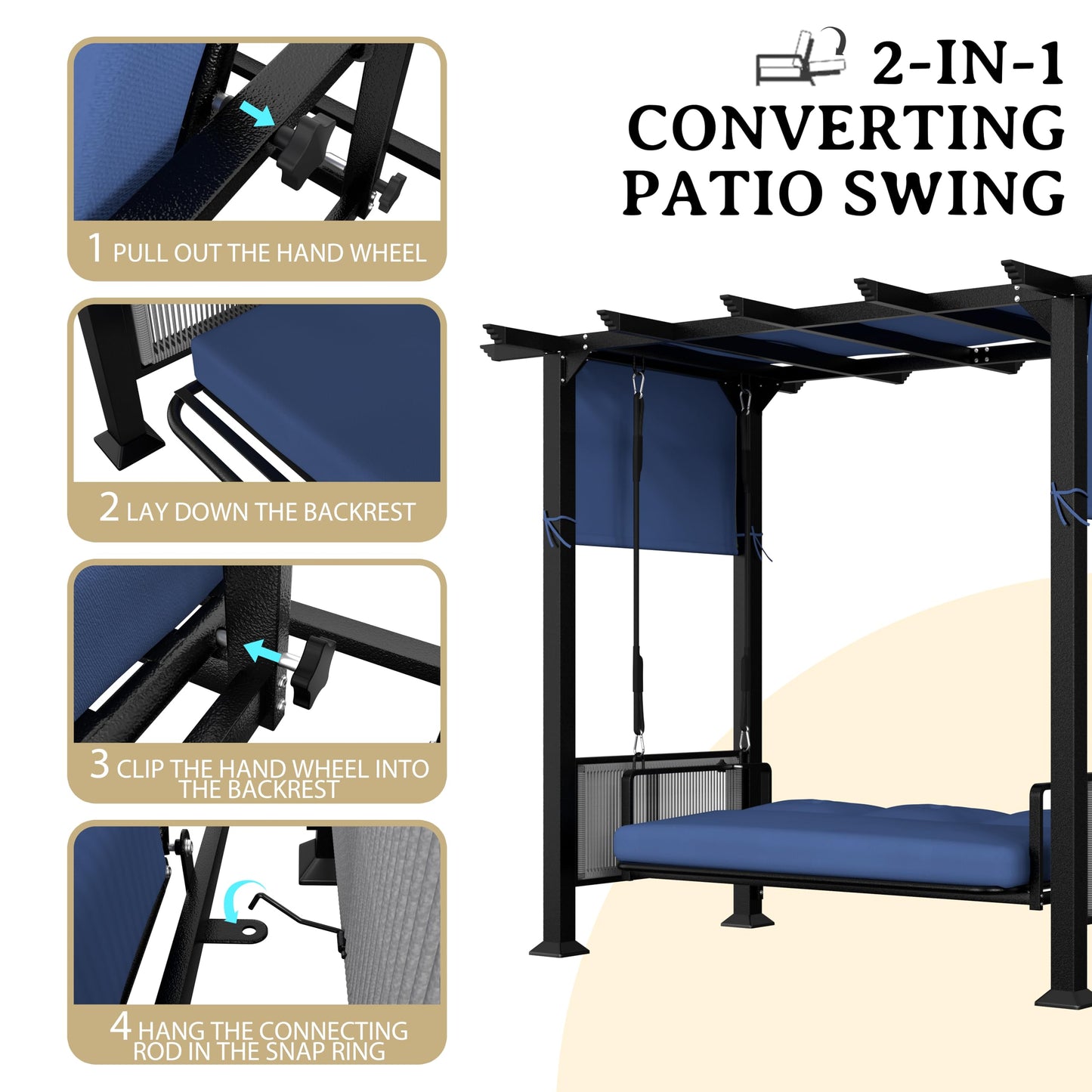 BlueWish 3-Seat Porch Swing, Outdoor Metal Pergola Swing Bed Hanging Cloud Swing Chair with Adjustable Curtains, Patio Hammock Swinging with Cushion for Porch, Backyard, Garden, Blue