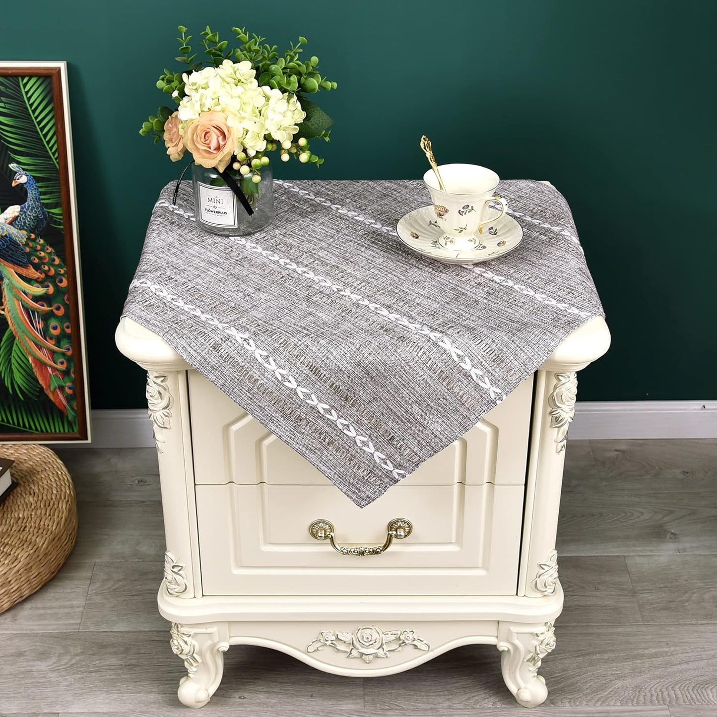 24x24 inch) NEWISHER Rustic Farmhouse Embroidered Small Square Tablecloth Jacquard Striped Table Cloth Linen Texture