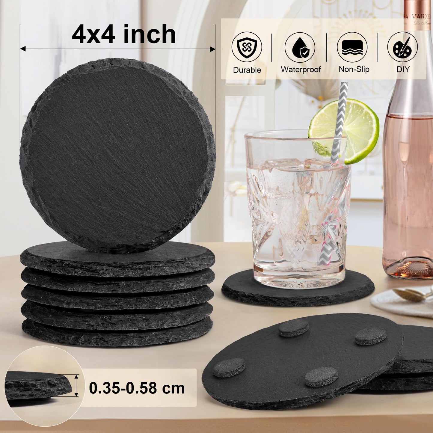 48 PCS Round Slate Drinks Coasters Bulk for Laser Engraving, MAPRIAL 4 Inch Handmade Black Rustic Stone Coaster Laser Blanks with Anti-Scratch Backing for Engraver, Wedding, Gifts, Home Decor, Bar