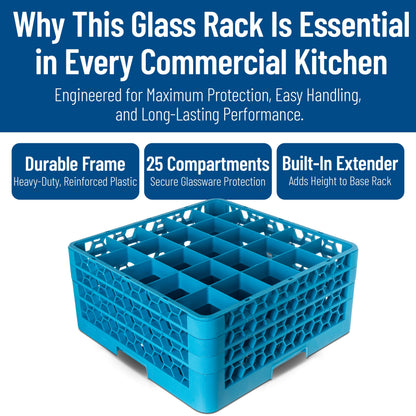 Carlisle FoodService Products Opticlean 25-Compartment Divided Glass Rack with 3 Extenders, Plastic, 19.875 x 19.875 x 8.5 Inches, Carlisle Blue