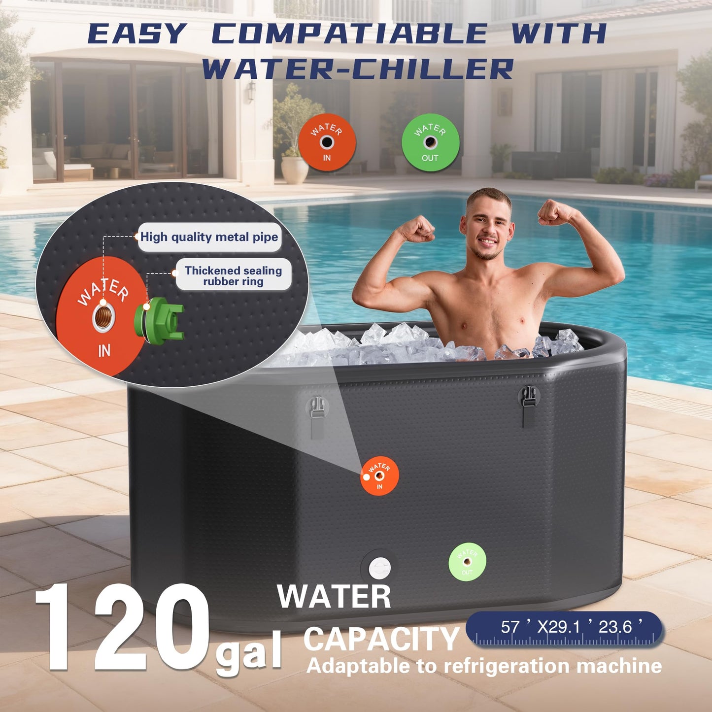 Merapi XL 170 Gal Cold Plunge Tub with Seat Cushion, 57in Large Inflatable Ice Bath Tub for Athletes Recovery, Portable Ice Bath Tub Compatible with Water Chiller, w/Dust Cover, Pump & Storage Bag