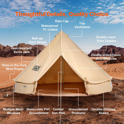VEVOR Canvas Bell Tent,4 Seasons 5 m/16.4 ft Yurt, for Camping with Stove Jack, Family Camping Outdoor Hunting Party