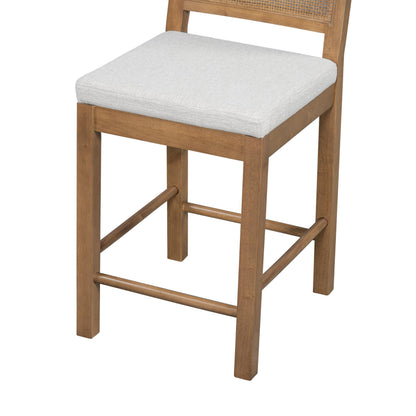Merax Upholstered Bar Stool Set of 2, 24.5" Counter Height, Solid Wood Frame, Natural Rattan Woven Back, High Chair for Kitchen Island and Bar Tables, Brown and Gray