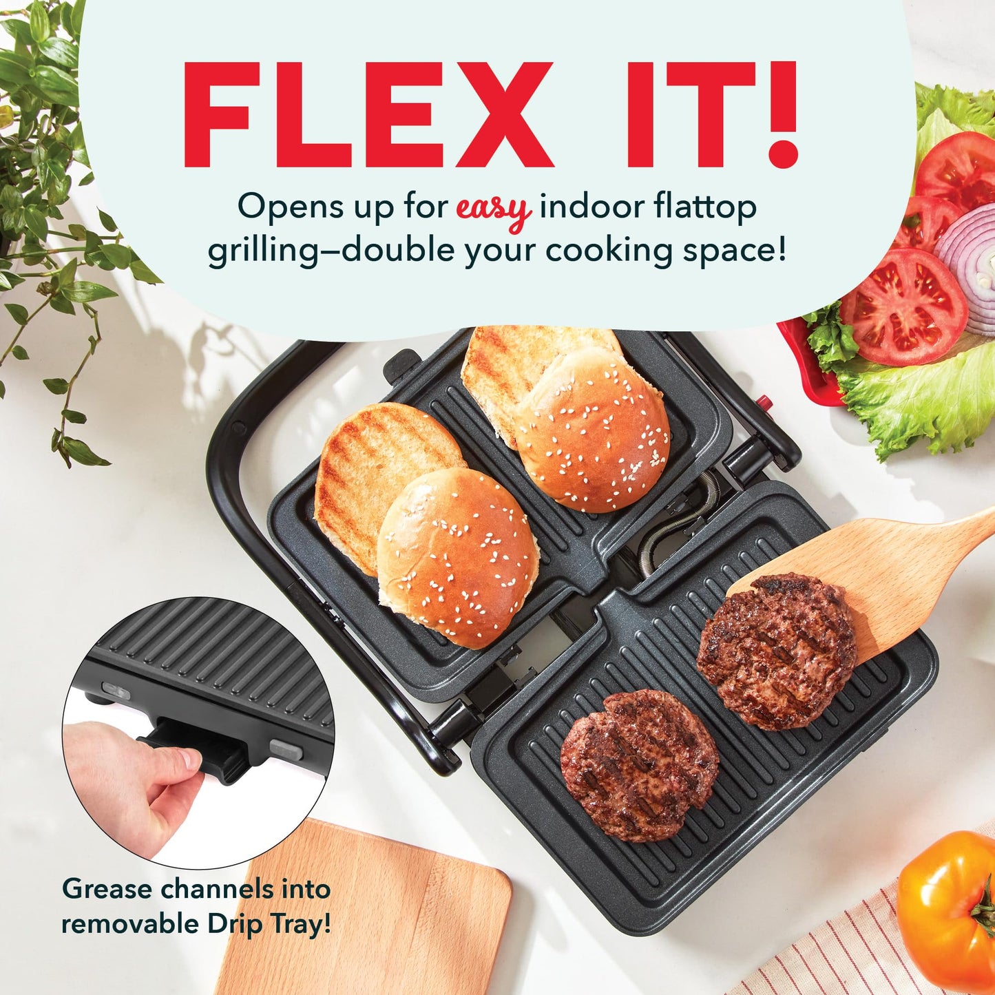 Dash MultiMaker® Flex Press Grill System, Grill and Griddle - Nonstick Removable Plates - Indoor Countertop Electric Grill for Sandwiches, Burgers, and Breakfast - Forged Iron