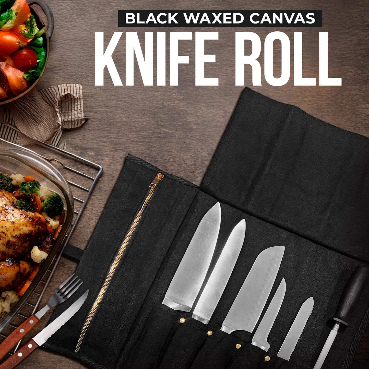 Chef Knife Roll Bag - Durable 6 Slot Black Waxed Canvas Knife Roll- Water Resistant Standard Knife Bag w/ Roll Tie, Large Zippered Pouch & 6 Plastic Knife Guards-Fits knives up to 2” wide & 15” long