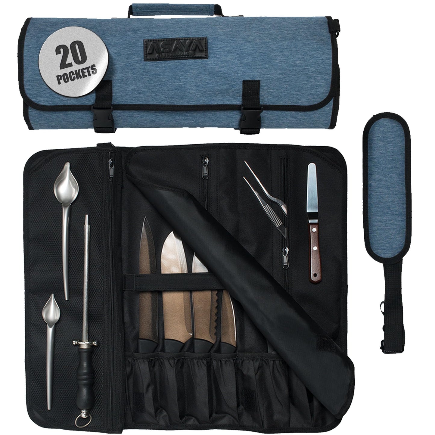 Asaya Waxed Nylon Chef Knife Roll Bag with 20 Slots and Zippered Pockets - Professional Chef Knife Bag & Storage Case, Tool Carrier with Shoulder Strap - Knives Not Included (Blue)