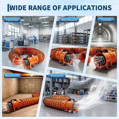 8 Inch Utility Blower Fan, Portable Air Mover Blower Fan with 32.8 ft Flexible Duct Hose, 1100 CFM Low Noise Portable Industrial Exhaust Fan/Extractor/Ventilator for Basements Workshops Warehouses