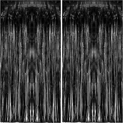 Skiennix Foil Curtain Backdrop - Black Metallic Tinsel Fringe for Photo Booth | 2 Pack Party Decorations