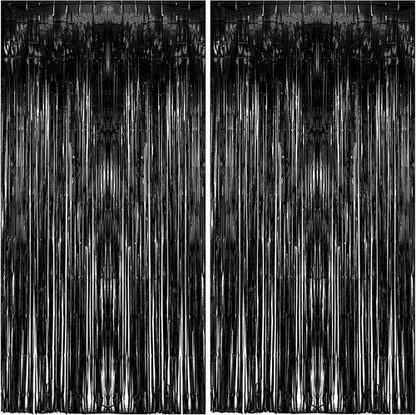 Foil Curtain Backdrop by [Brand Name] - Black Metallic Tinsel Fringe | 2 Pack for Parties & Celebrations