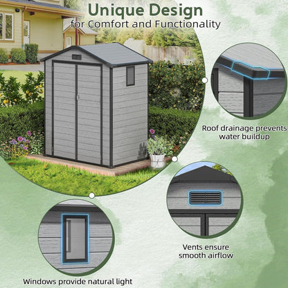 5.5x4 FT Resin Storage Shed with Floor, Easy Assemly Outdoor Small Plastic Shed with 2 Doors & 2 Windows, Locable Storage Garden Shed for Bike Lawn Mower Garbage Can