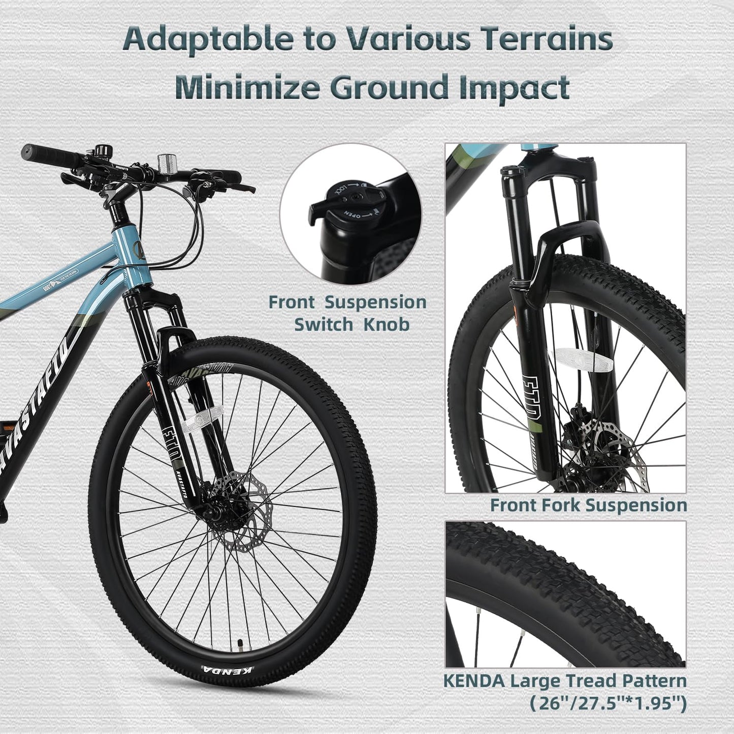 AVASTA 26-inch Mountain Bike for Man Male and Woman Female Adult with Lightweight Aluminum Alloy Frame and Dual Disc Brakes,Front Suspension,21-Speed Gear Shifters,Hidden Brake Cables,Blue