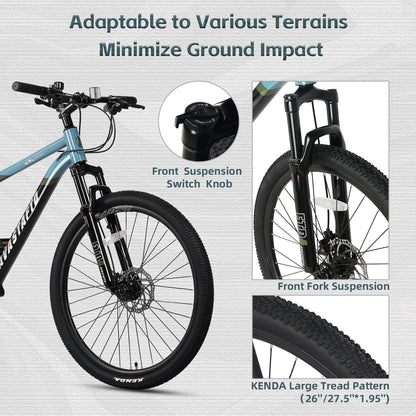 AVASTA 27.5-inch Mountain Bike for Man Male and Woman Female Adult with Lightweight Aluminum Alloy Frame and Dual Disc Brakes,Front Suspension,21-Speed Gear Shifters,Hidden Brake Cables,Blue