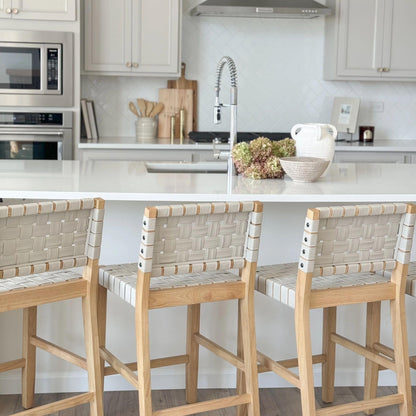 Nathan James Cohen Mid Century Modern Bar Stool, Upholstered Faux Leather Counter Stool with Back and Solid Wood Legs, Off White