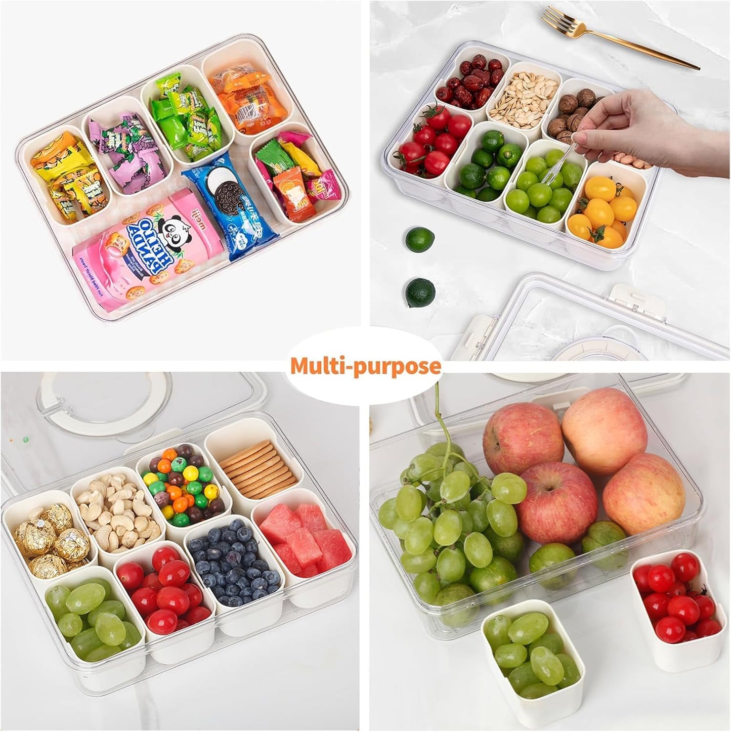 Divided Serving Tray with Lid and Handle, Snackle Box Charcuterie Container, Clear Organizer for Fruits, Nuts, Candy