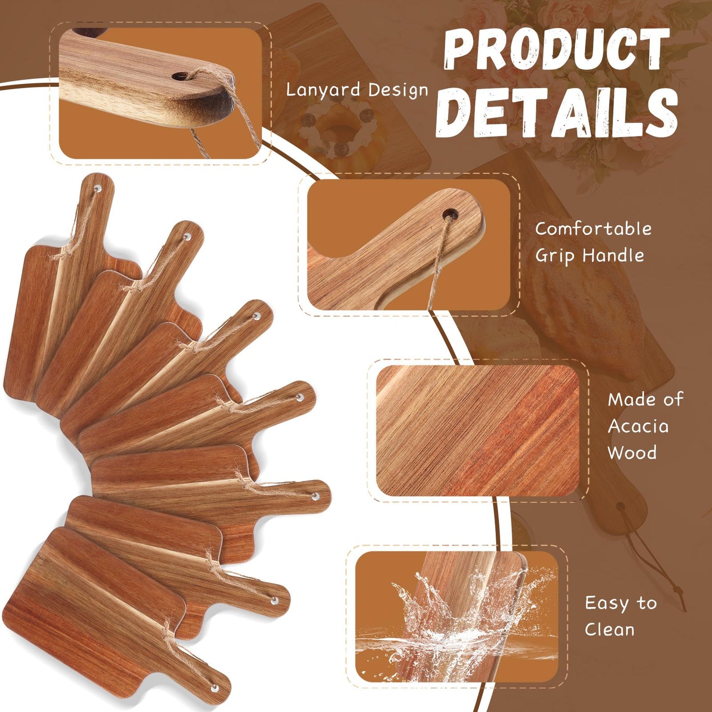 Geetery 16 Pcs Acacia Wood Cutting Board Bulk Kitchen Wooden Chopping Boards with Handle Serving Tray Charcuterie for Pizza, Bread, Cheese, Fruit, Vegetables Housewarming Gift(12 x 6 Inch)