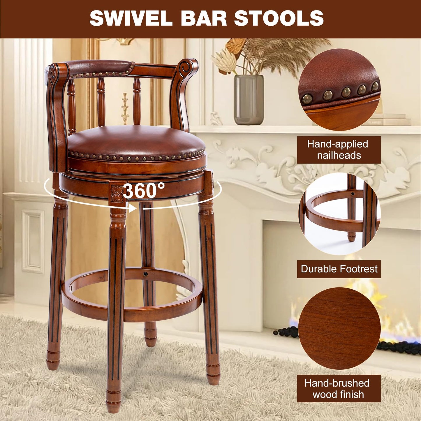 CozyRain Bar Stools Modern Swivel Barstools,Kitchen Counter Genuine Leather Upholstered Island Barstool with Footrest for Home Kitchen Dining Room (Brown, Seat Height 29.5 in)