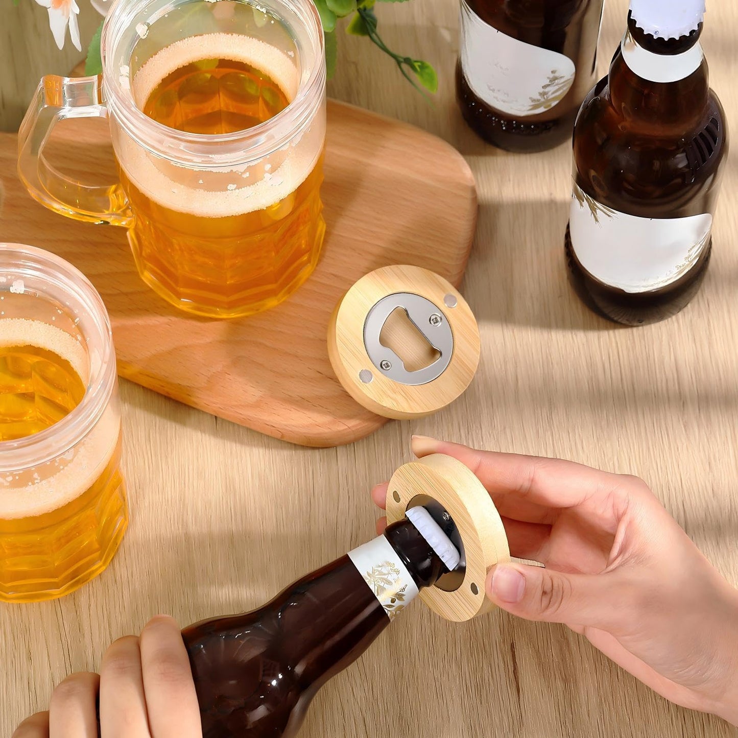 Vesici 50 Pcs Magnetic Bottle Opener 2.5in DIY Bamboo Round Shape Beer Openers Wooden Fridge Magnet Refrigerator Sticker Gift for Beer Lover Wedding Guest Kitchens Bars Parties
